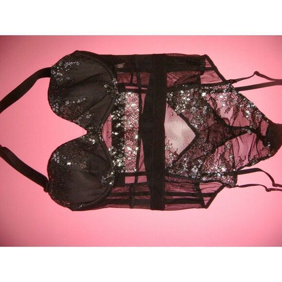 Victoria's Secret 32B GARTER corset+TEDDY one-piece+XS thong BLACK silver foil - Picture 5 of 8